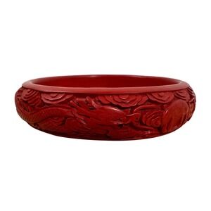 Vintage Red Cinnabar Style Carved Dragon Floral Bangle Bracelet Statement Piece